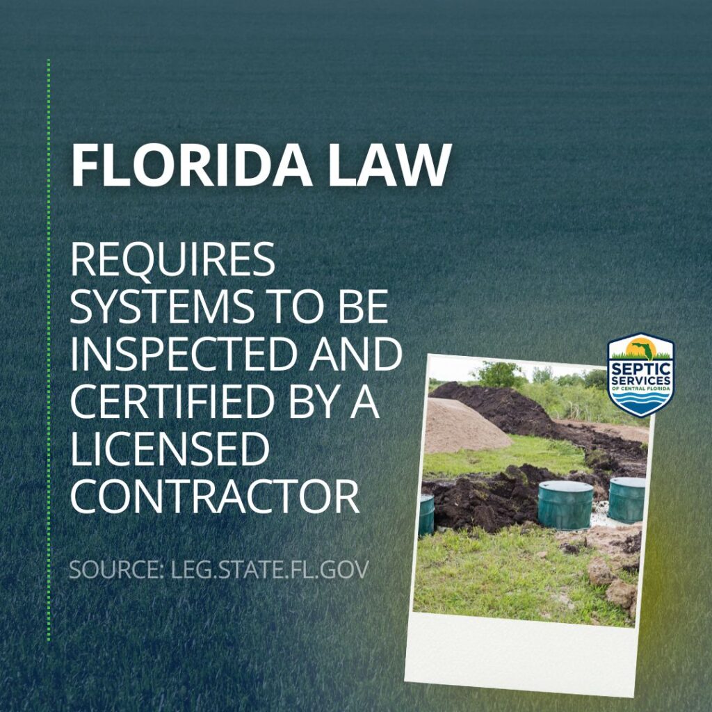 An informational graphic stating that Florida law requires septic systems to be inspected and certified by a licensed contractor.