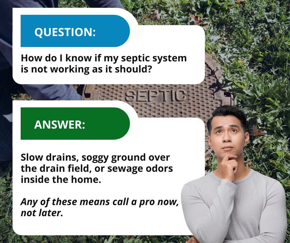 A Q&A graphic for Florida homeowners explaining how a septic system works and how to identify failure signs like slow drains, soggy ground, and sewage odors.