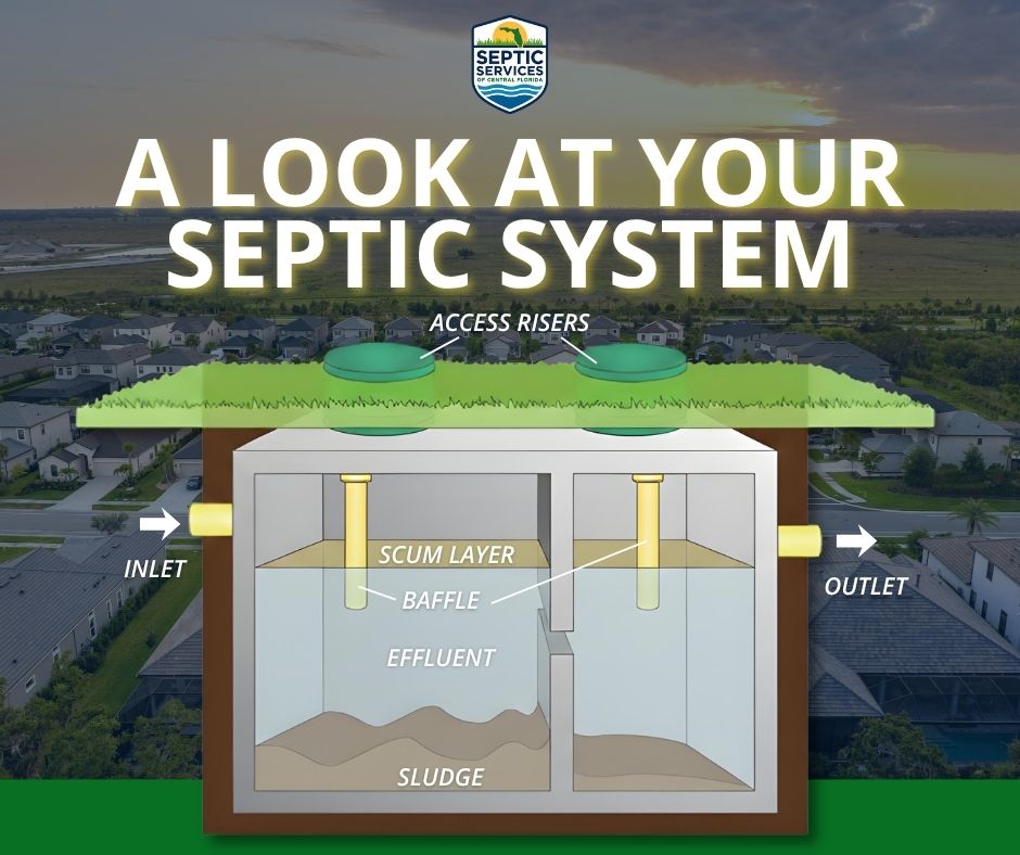 A detailed diagram illustrating how a septic system works, showing the separation of scum, effluent, and sludge within a tank located in a Central Florida residential neighborhood.