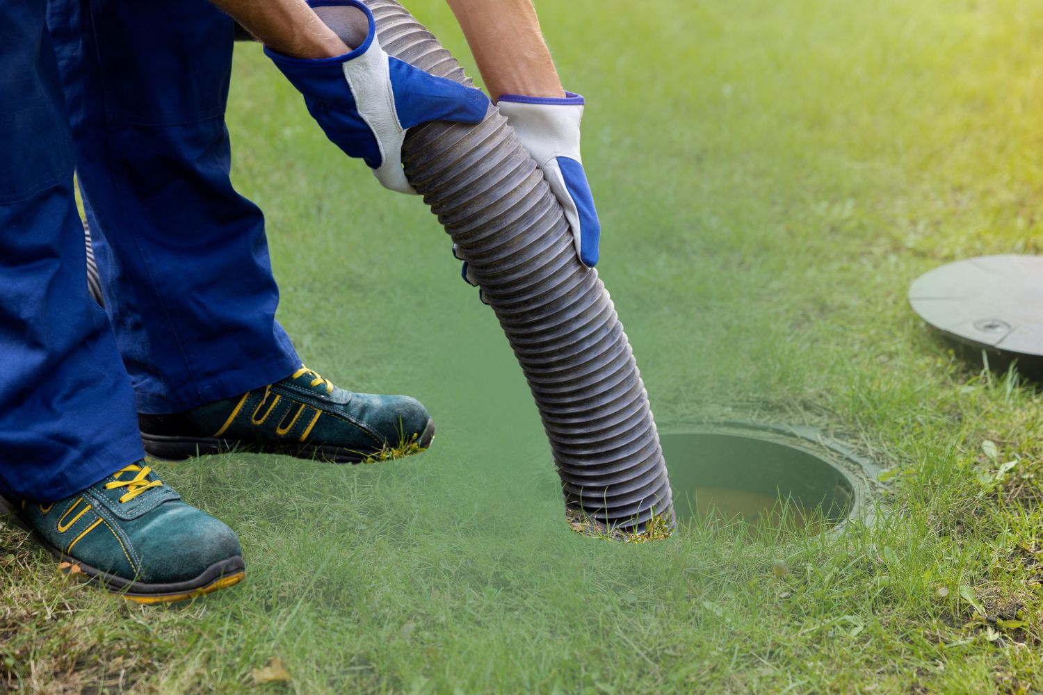 A technician in blue work pants and gloves inserting a large, heavy-duty vacuum hose into an open septic tank on a grassy lawn.