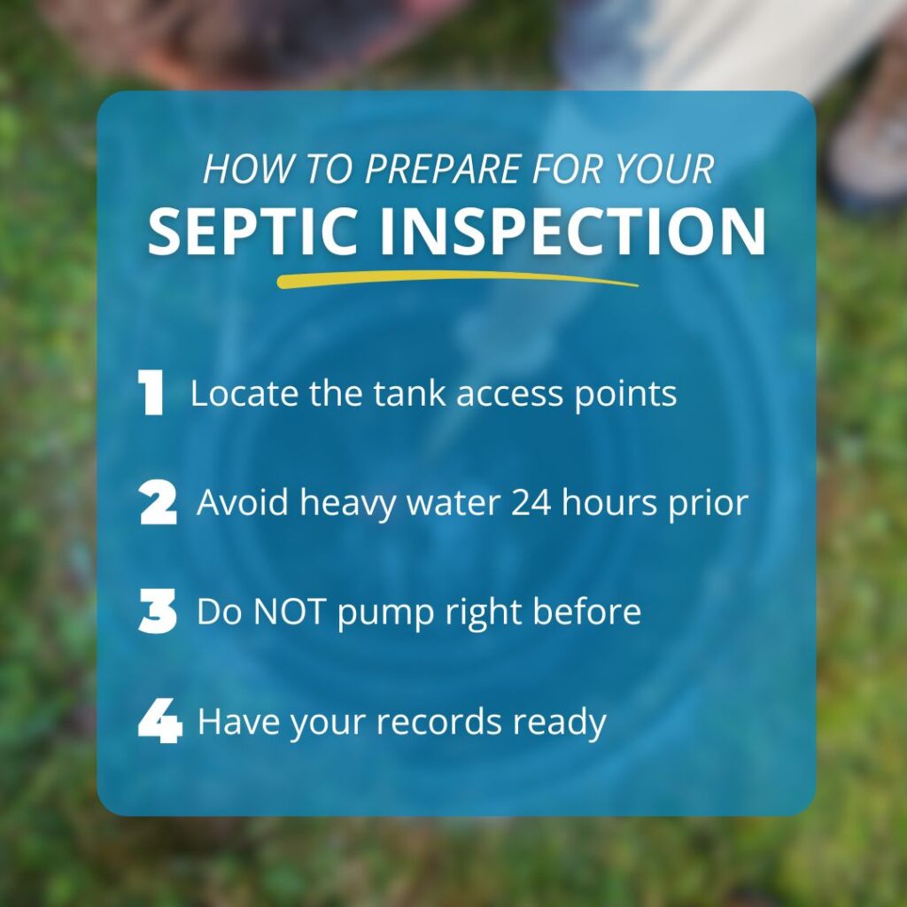 A checklist for septic inspection preparation including locating access points, avoiding heavy water use, and having records ready.