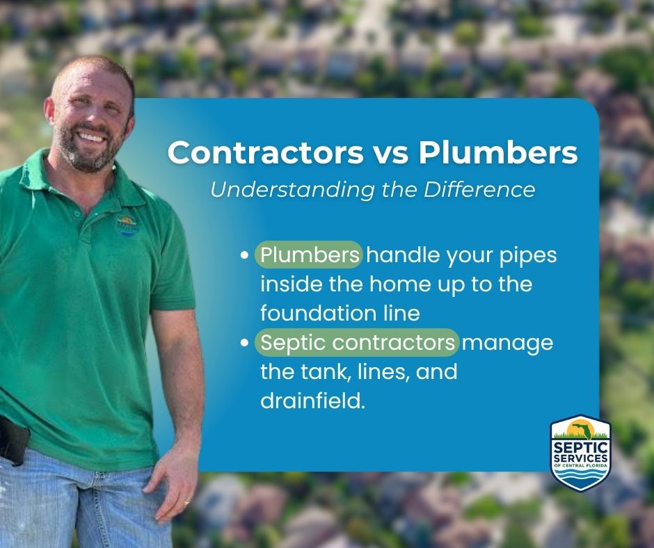 An informational graphic titled "Contactors vs Plumbers" that contrasts indoor plumbing up to the foundation line with outdoor septic system management, featuring a smiling technician and the Septic Services of Central Florida logo.