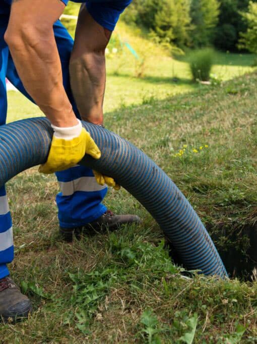 Septic Tank Pumping Lakeland FL Technician in blue work uniform pumping a septic tank with a vacuum hose in a grassy yard